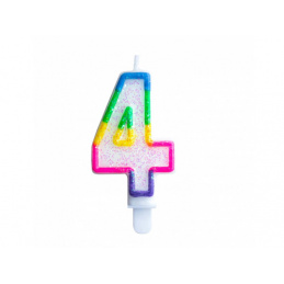 Aga4Kids Świeczka na tort brokatowa 4 z tęczowym brzegiem