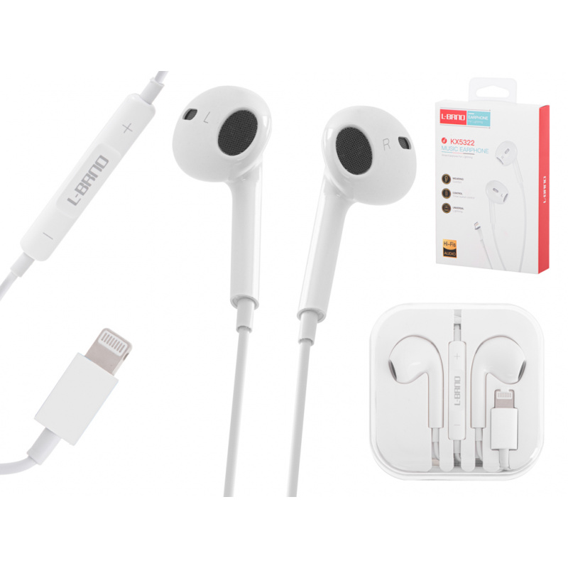 L-BRNO Słuchawki douszne przewodowe Lightning białe Bluetooth