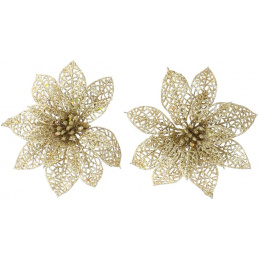 Złote brokatowe kwiaty na klipsie na choinkę