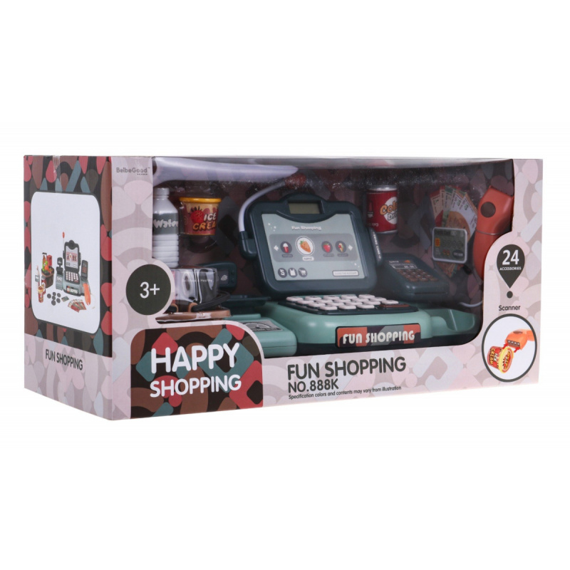 Interaktywna Kasa fiskalna dla dzieci 3+ Zabawa w sklep + Skaner + Kalkulator + Mikrofon + Waga + Koszyk + Akcesoria 24 el.