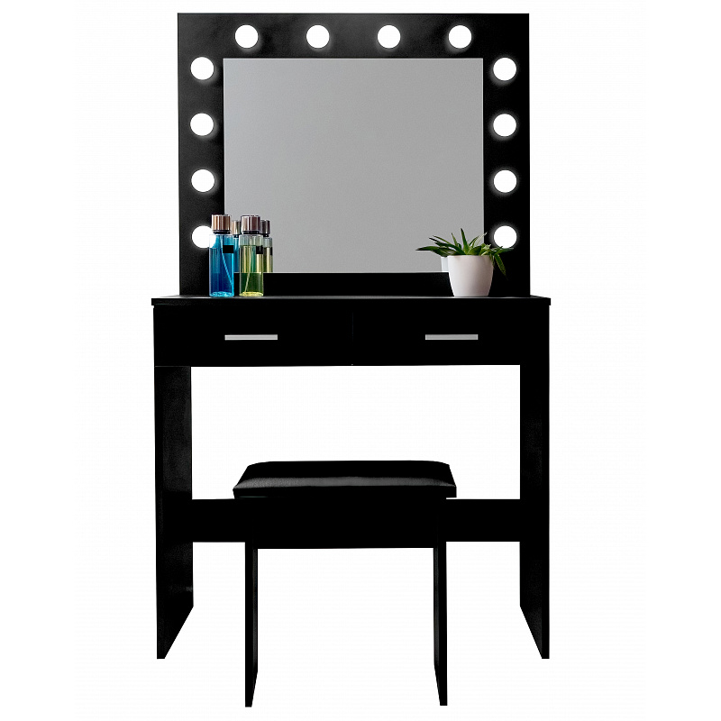 Aga Toaletka z lustrem i oświetleniem + taboret Matowy Czarny - II. GATUNEK
