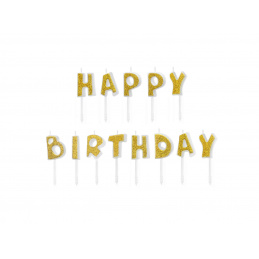 Świeczki na tort Happy Birthday złote