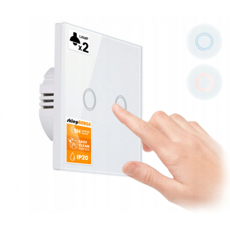 Włącznik dotykowy LED szklany podwójny - biały
