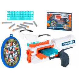 Pistolet na piankowe strzałki maszynowy + okulary + tarcza + 18 strzałek biały