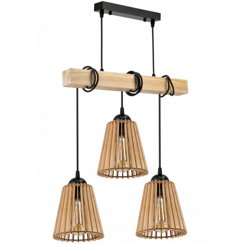 Wisząca lampa sufitowa LED belka drewniana 3xE27 Żyrandol Drewniany stożek