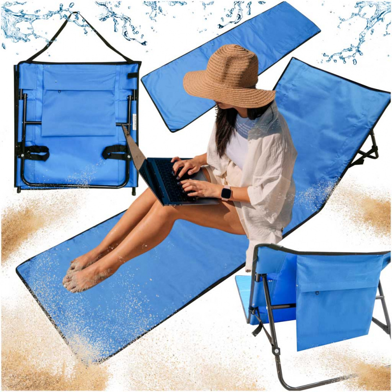 Mata plażowa z oparciem leżak składany granatowy