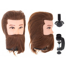 Główka głowa treningowa fryzjerska męska z brodą barber włosy naturalne brązowe Główka głowa treningowa fryzjerska męska z brodą barber włosy naturalne brązowe