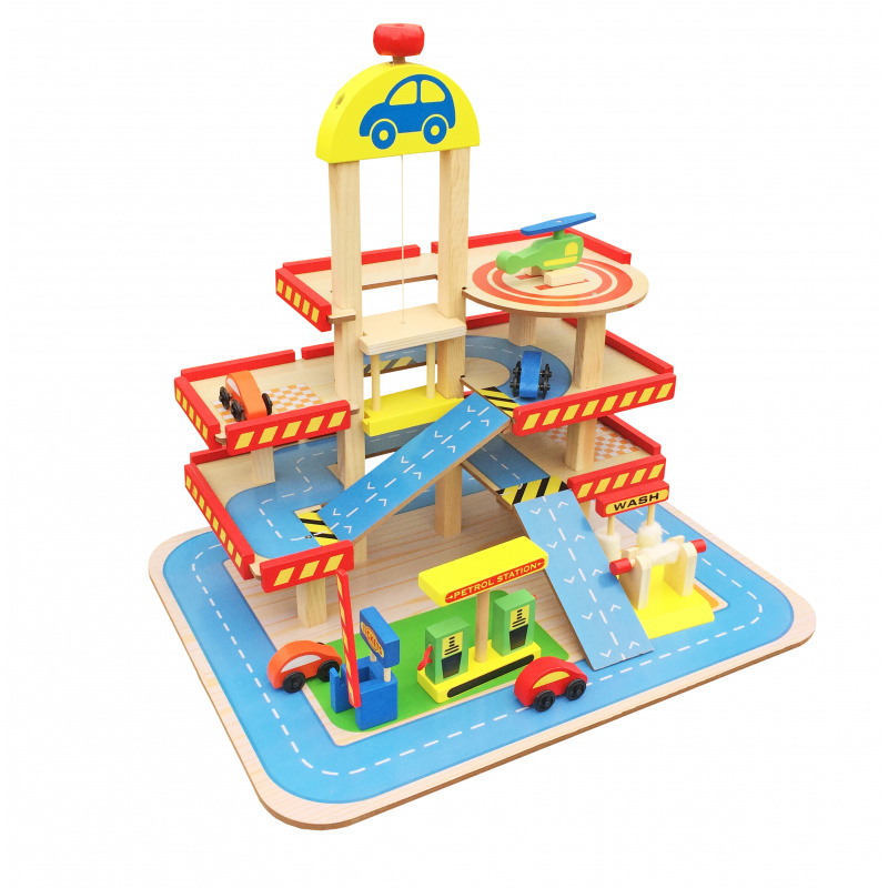 Aga4Kids Drewniany czteropoziomowy garaż + akcesoria do zabawy MR6104
