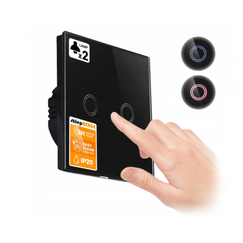Włącznik dotykowy LED szklany podwójny - czarny