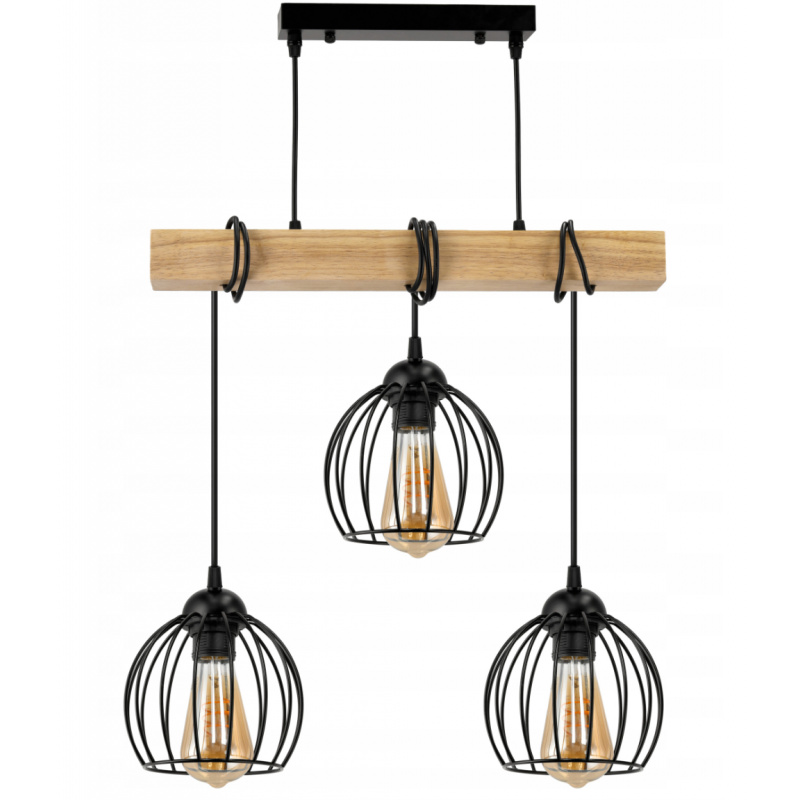 Wisząca lampa sufitowa LED belka drewniana 3xE27 loftowa kula druciana