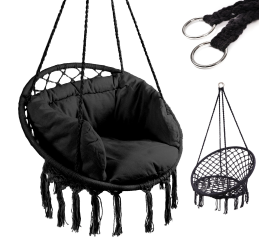 Huśtawka fotel bocianie gniazdo z oparciem czarna 80cm + poduszki